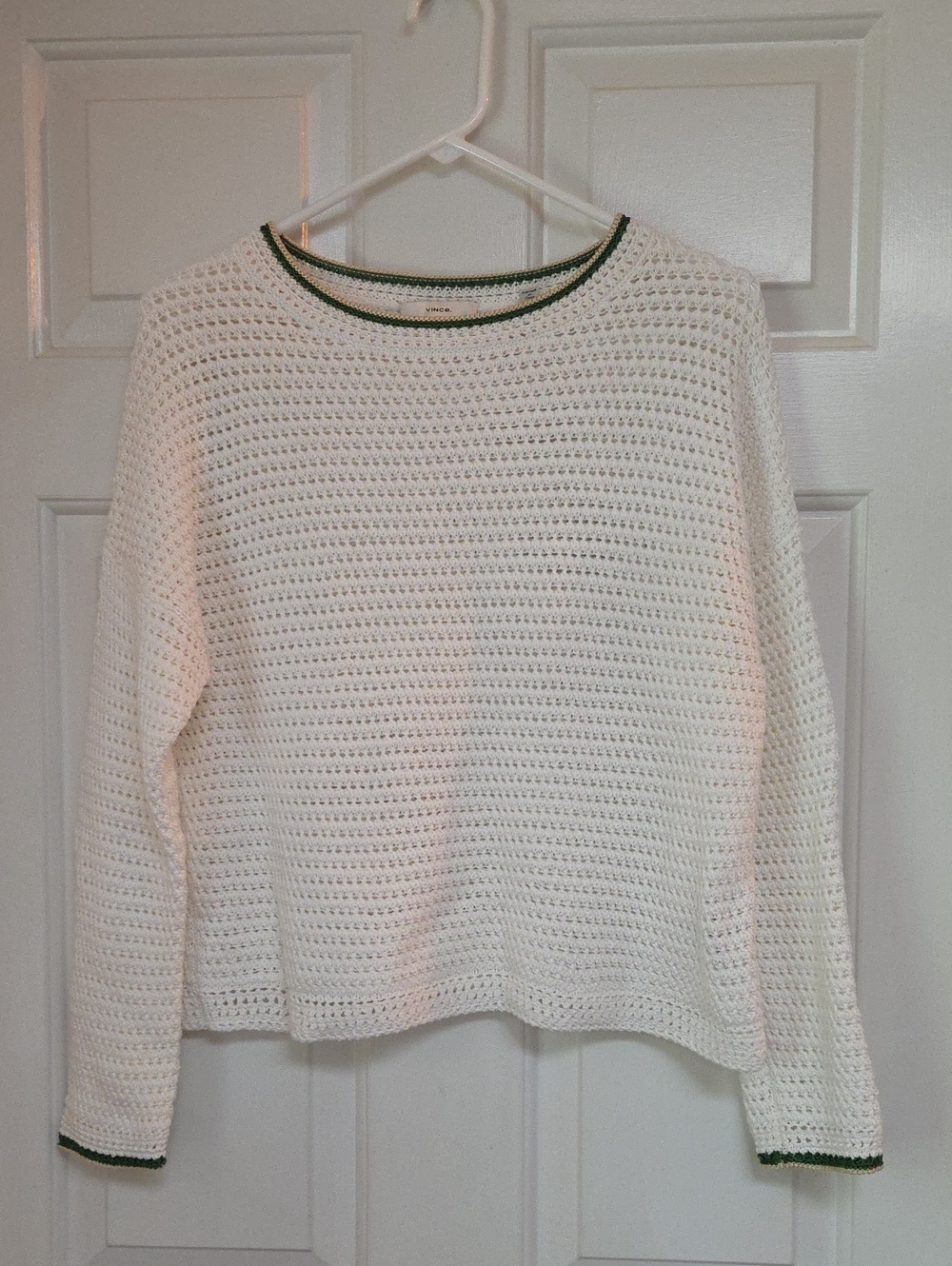 Vince Cream Crochet Crewneck Sweater with Green Trim